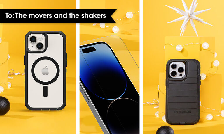 Assorted gifts for the movers and shakers in your life - Black and clear phone case with MagSafe, screen protection, and rugged black Defender Pro Series case | OtterBox