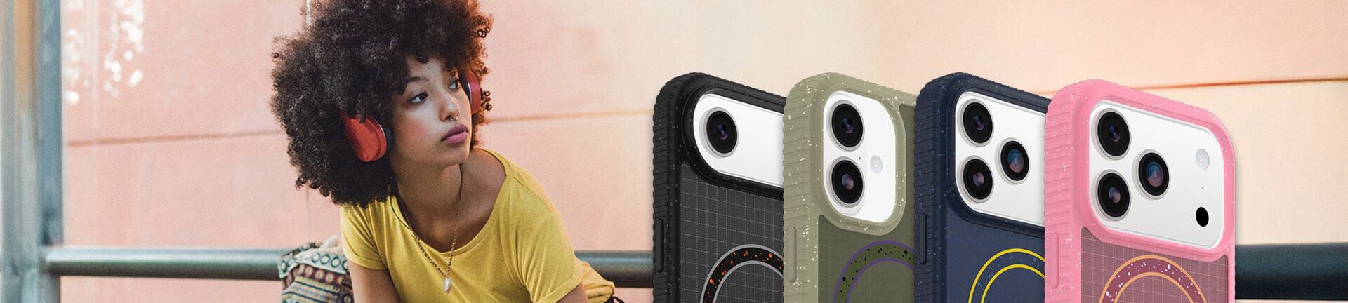 woman wearing headphones with colorful otterbox sole series phone cases on iphone 17 devices