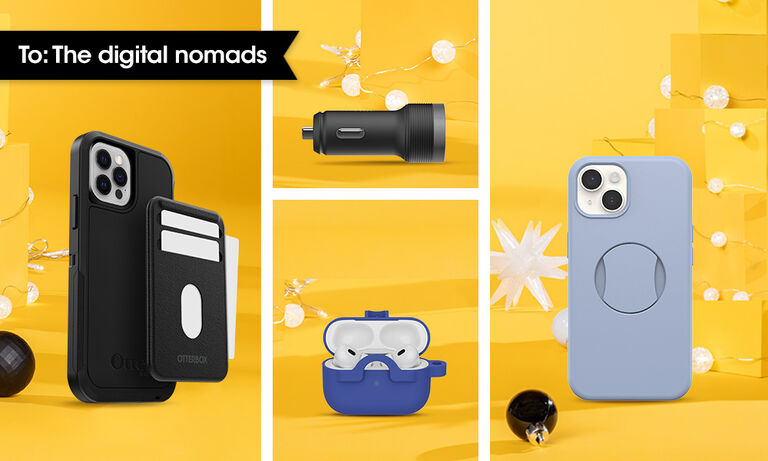 Assorted Gifts for the digital nomads - car charger, black phone case, magnetic wallet, airpods case, blue phone case with grip  | OtterBox